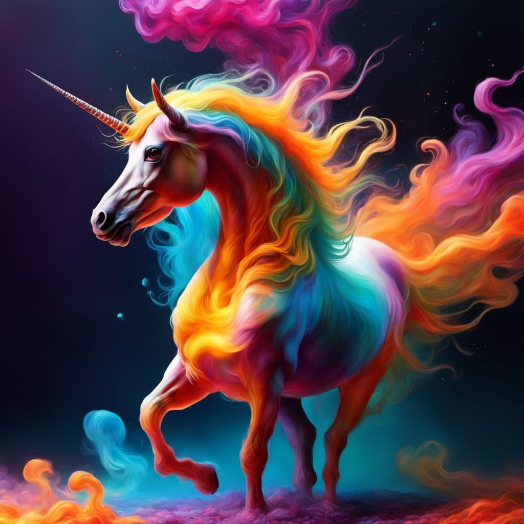 Surrealist Unicorn in Vibrant, Iridescent Forest