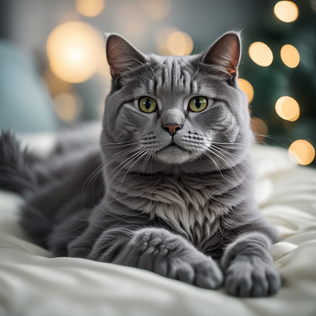 Gray Cat Lounging on Bed: Professional Photography