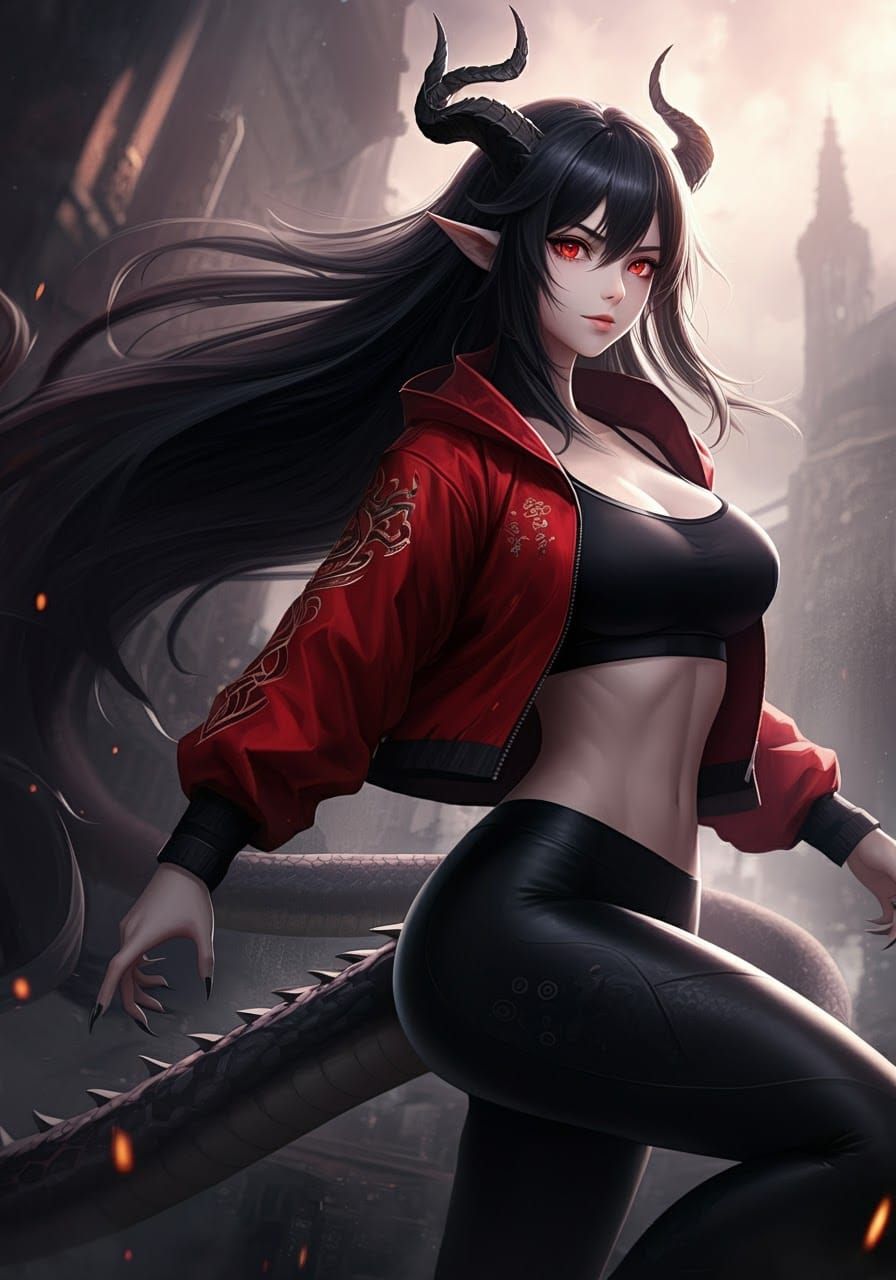 Dragon Woman Ready to Strike, in Anime Style