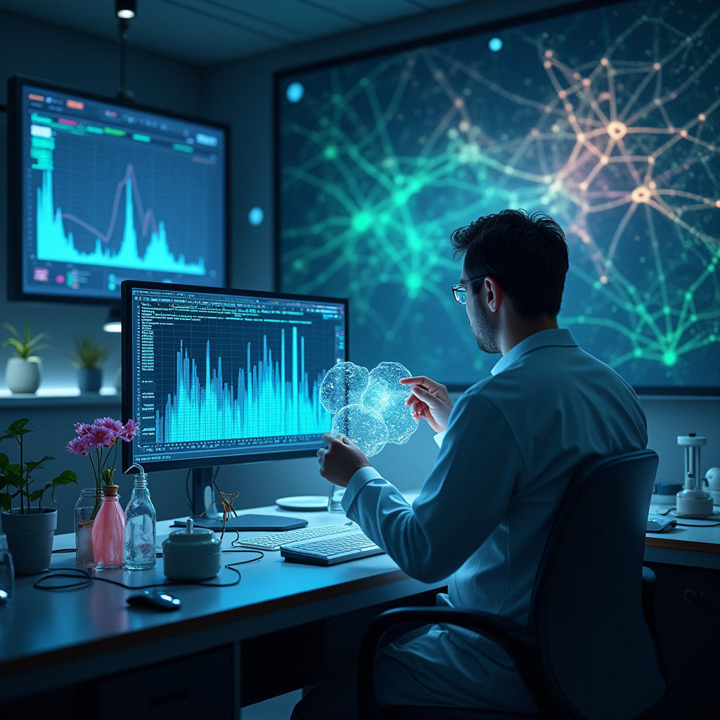 Futuristic Lab: Scientist Analyzes Western Blot with AI