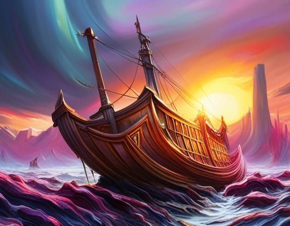 Colorful Viking Ship Graveyard in Splash Art Style