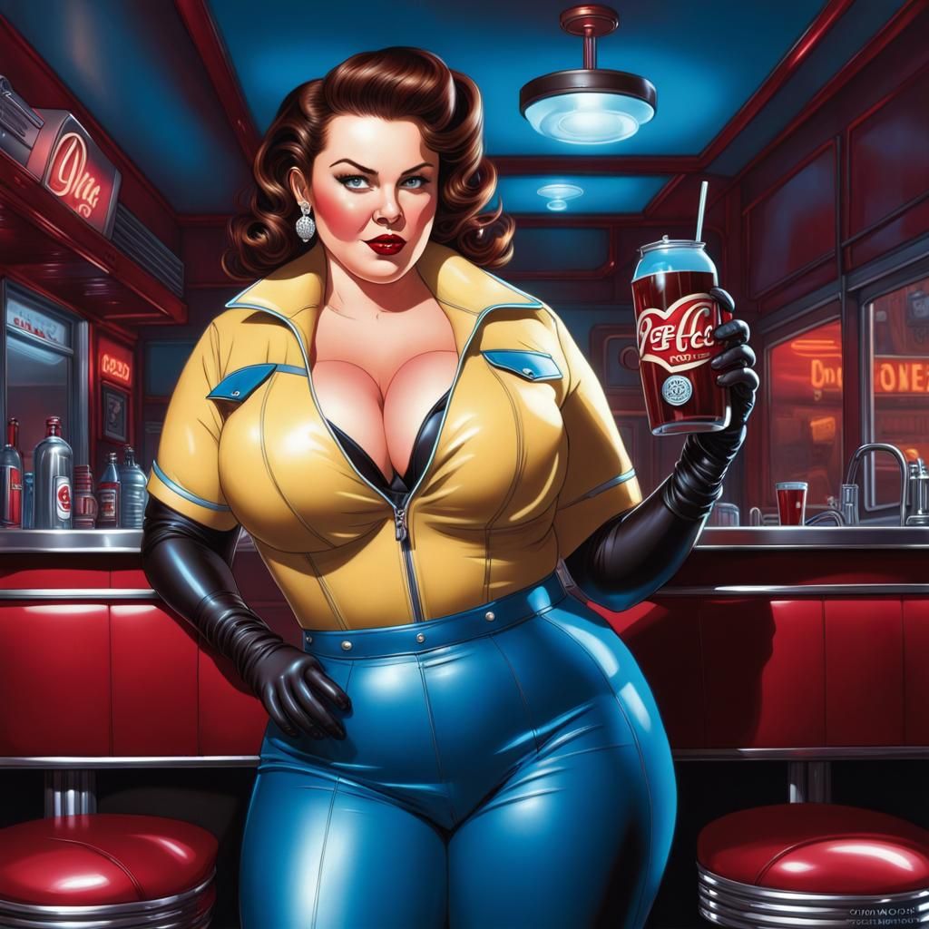 1950s Diner Scene with Brunette in Comic Book Style