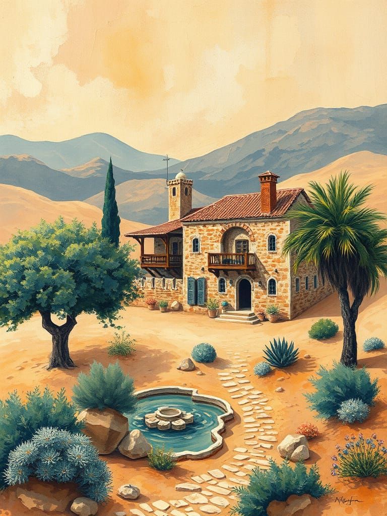 Vibrant Desert Oasis in Impressive Sumi-E Style