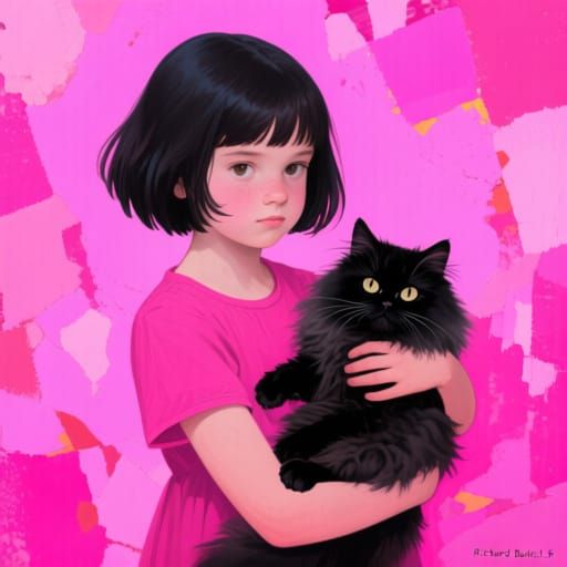 Girl With Bob Haircut Holds Black Persian Cat