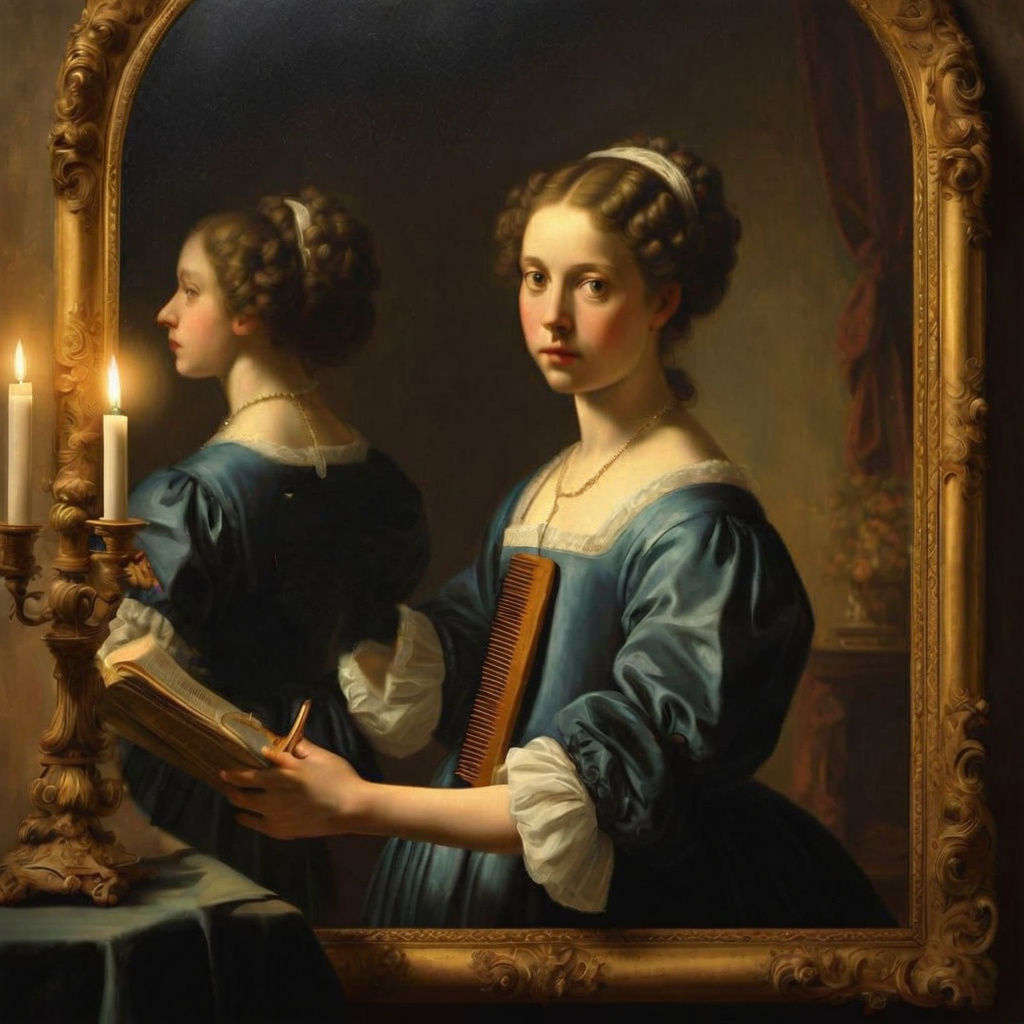 Baroque Woman Brushing Hair in Intimate Moment