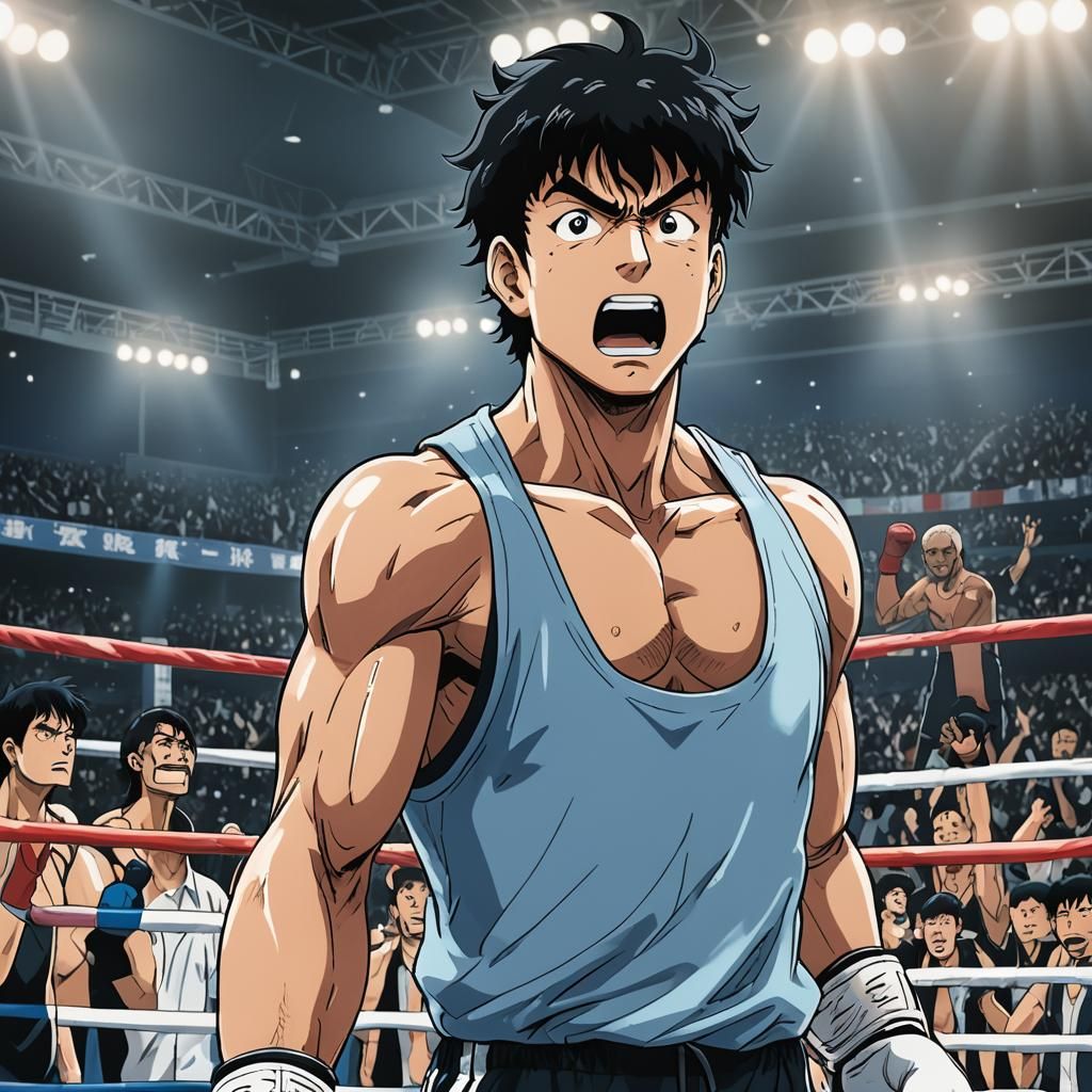 Victorious Anime Boxer Celebrates in Boxing Ring