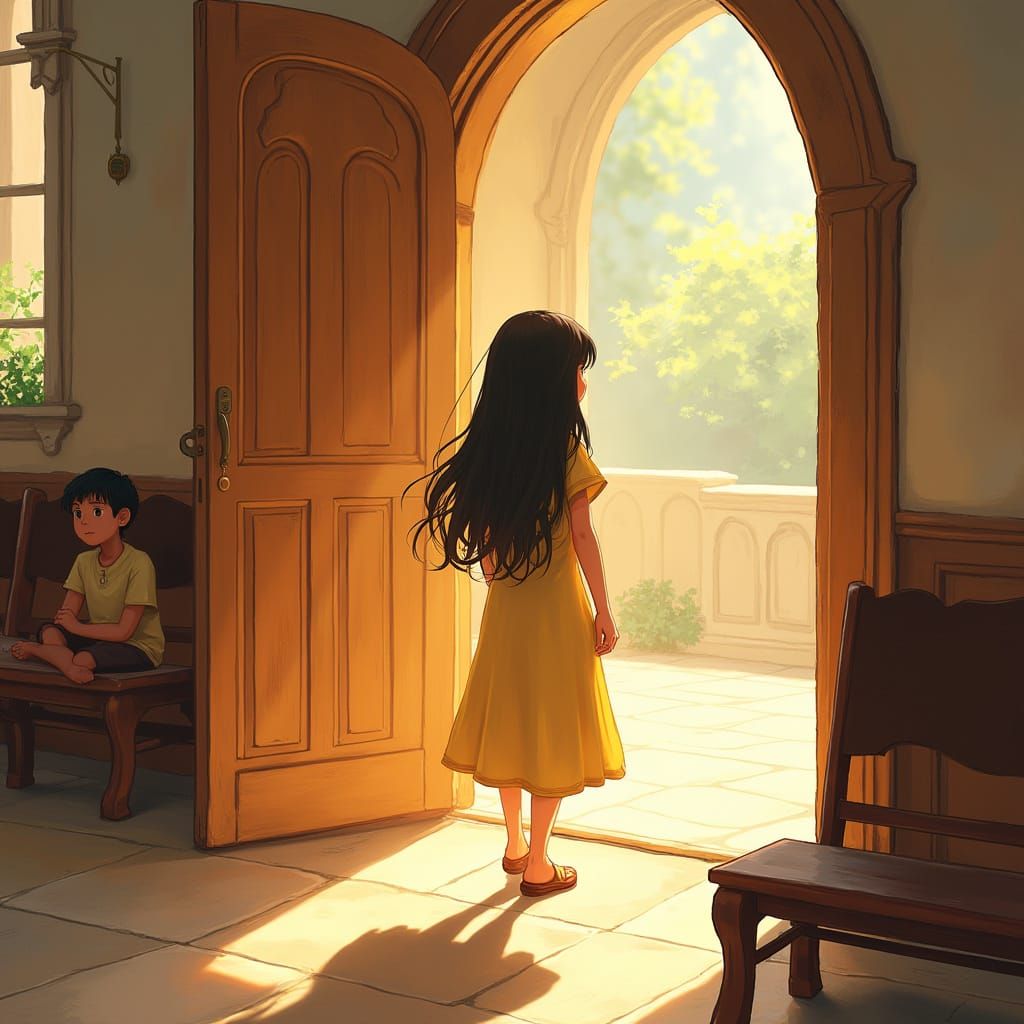 Anime Girl Enters Church with Shy Glance