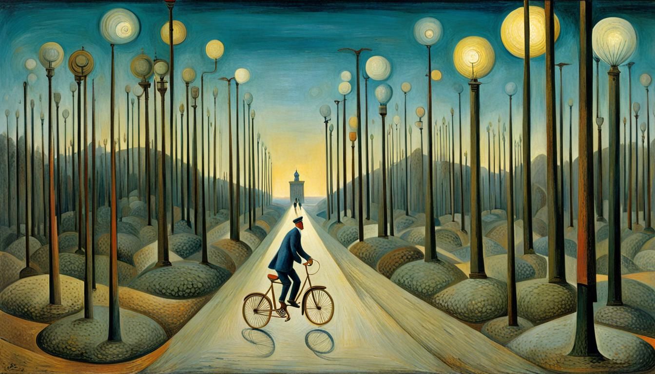 Surreal Cyclist in Streetlamp Forest: Max Ernst Style