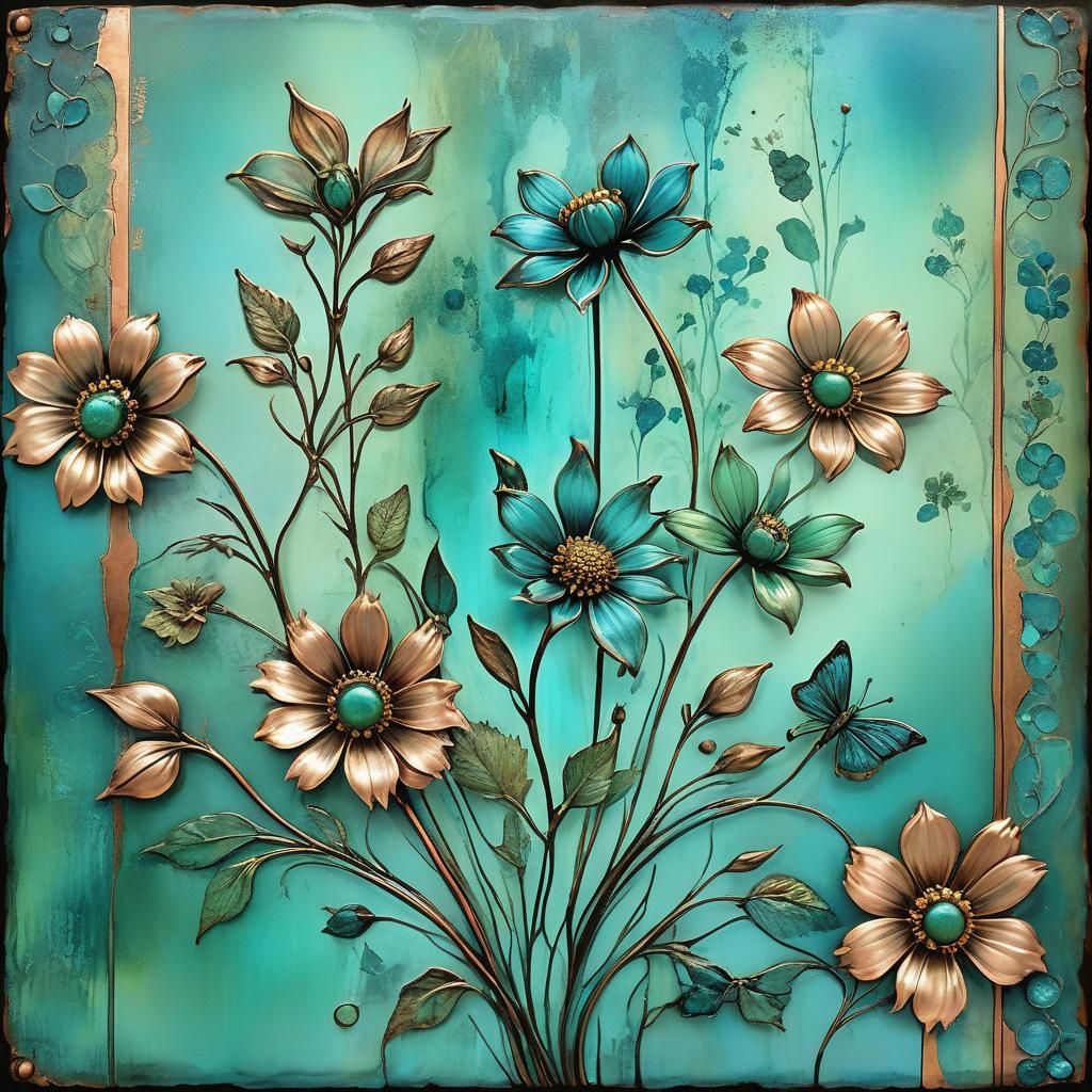 Blue Green Tarnished Copper Patina with Flowers