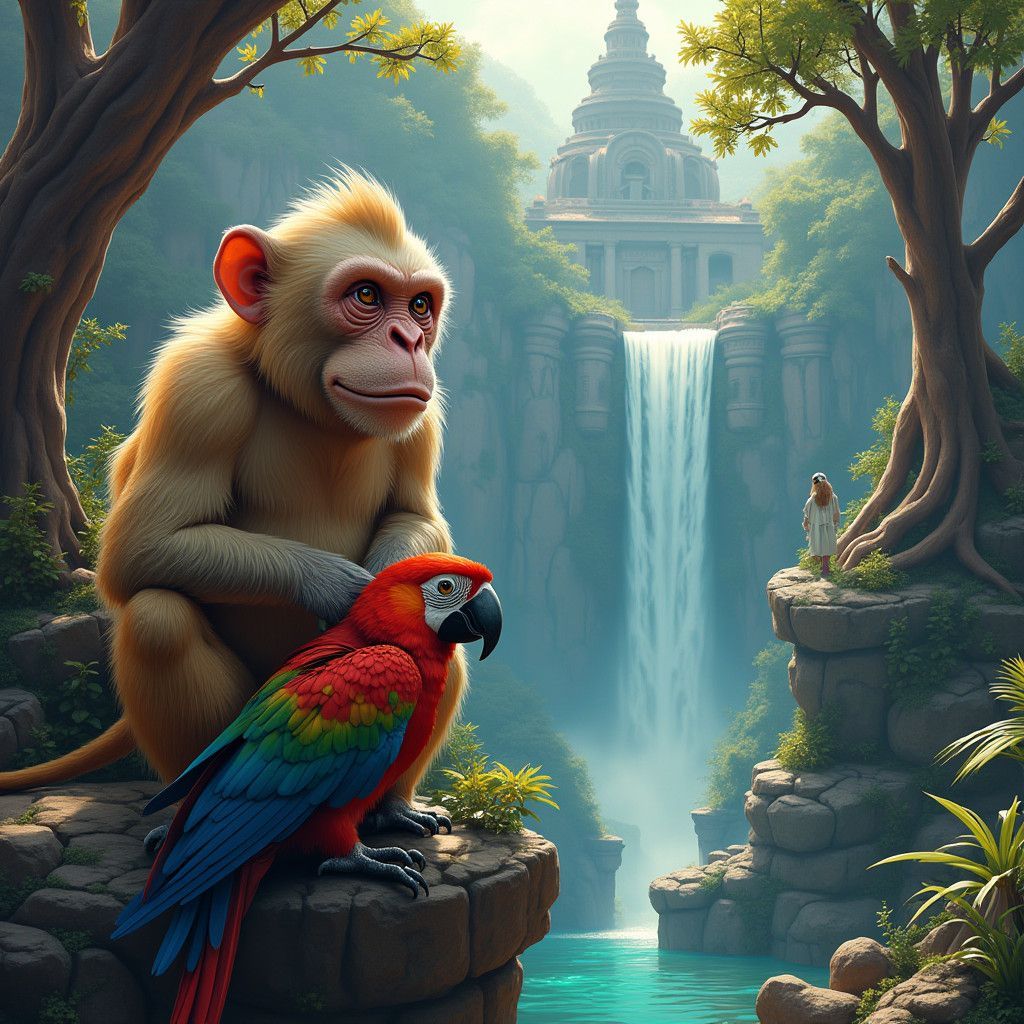 Mystical Realm with Wise Monkey, Parrot, and Metallic Robot