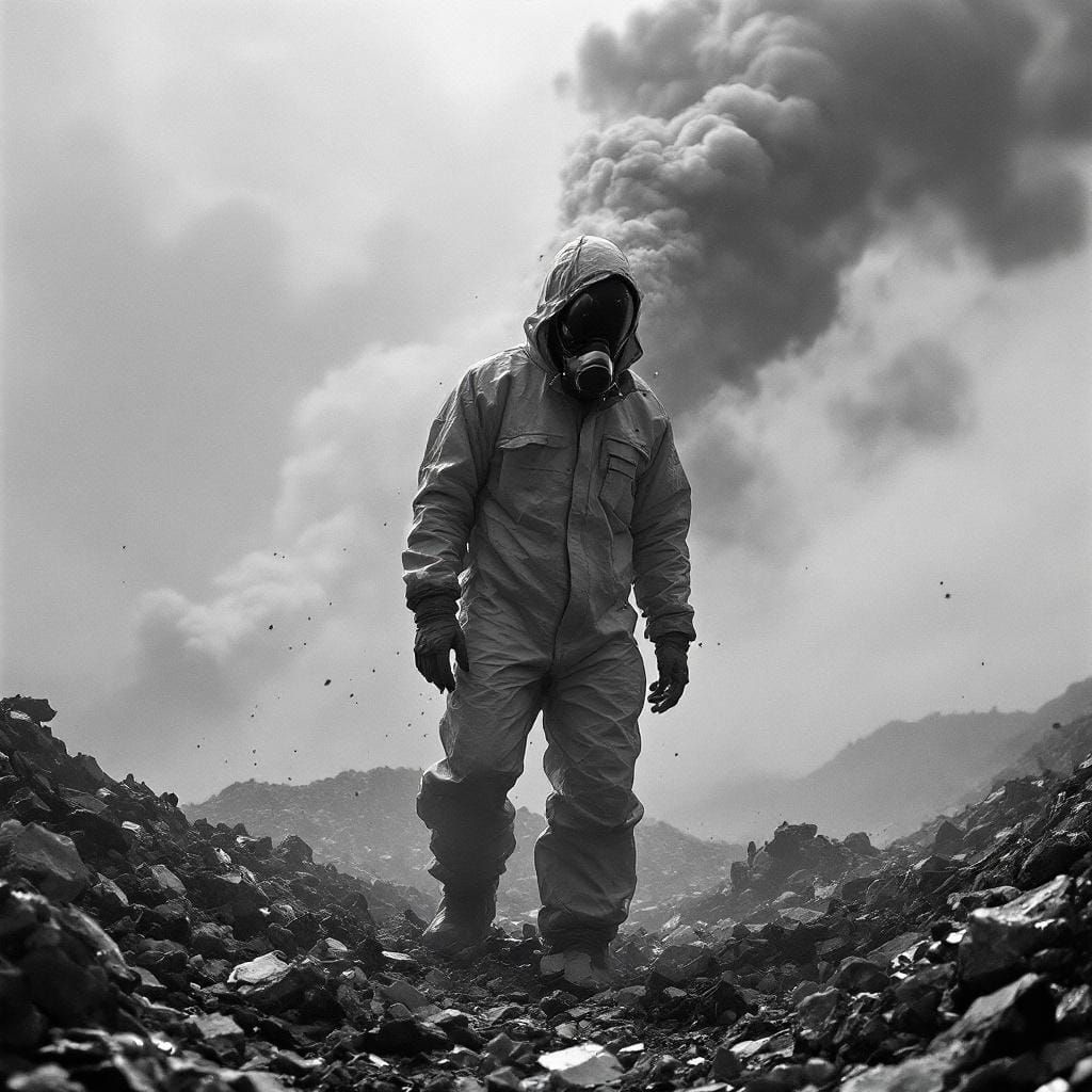 Monochrome Hazmat Figure Dissolving in Landfill
