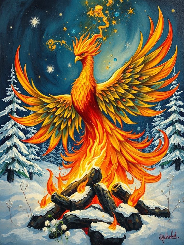Phoenix Rises from Cosmic Pyre: Expressionist Style