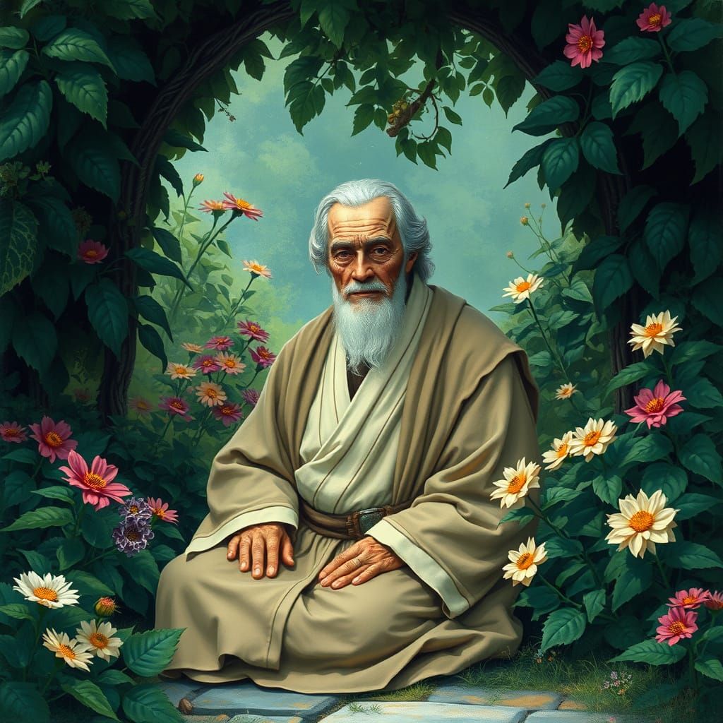 Serene Jedi Master in Ethereal Garden Setting