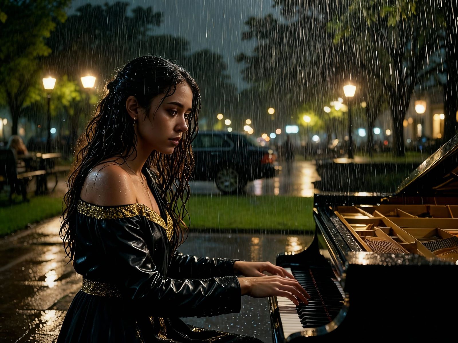 Woman Playing Piano in Park During Heavy Rain