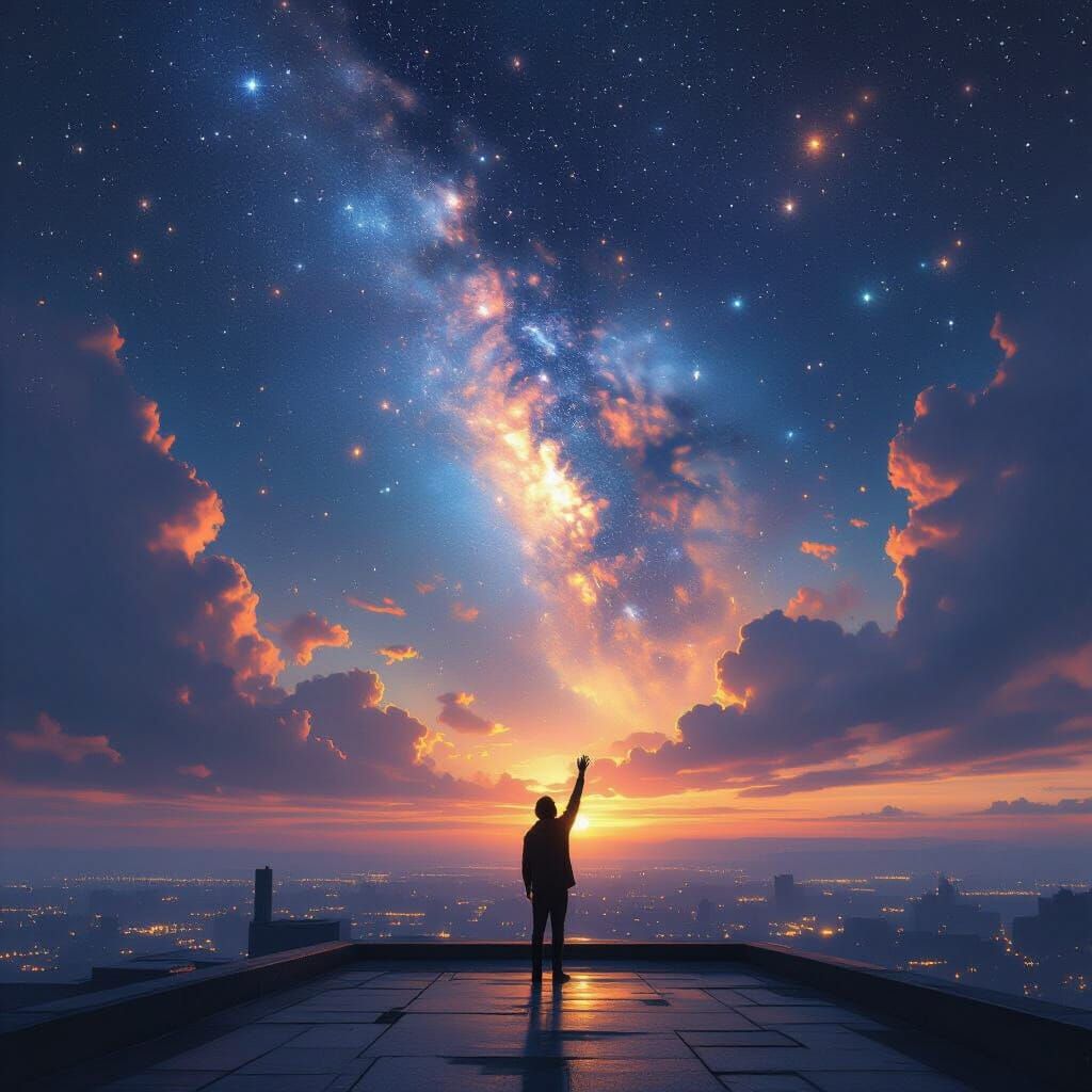 Lone Figure Reaches For Cosmic Sky at Dusk
