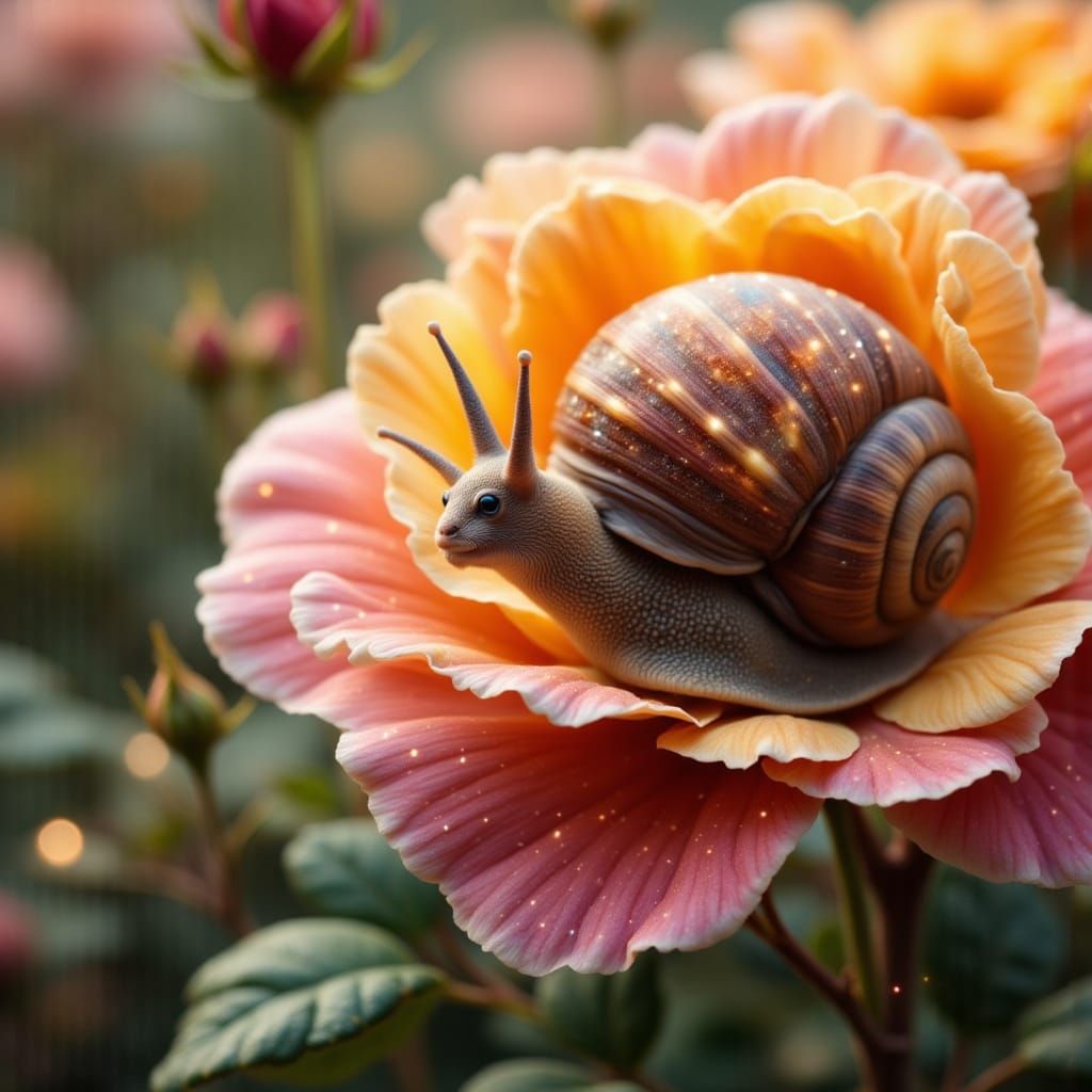 Cartoon Snail Reaching for Rose Petal on Sunny Day