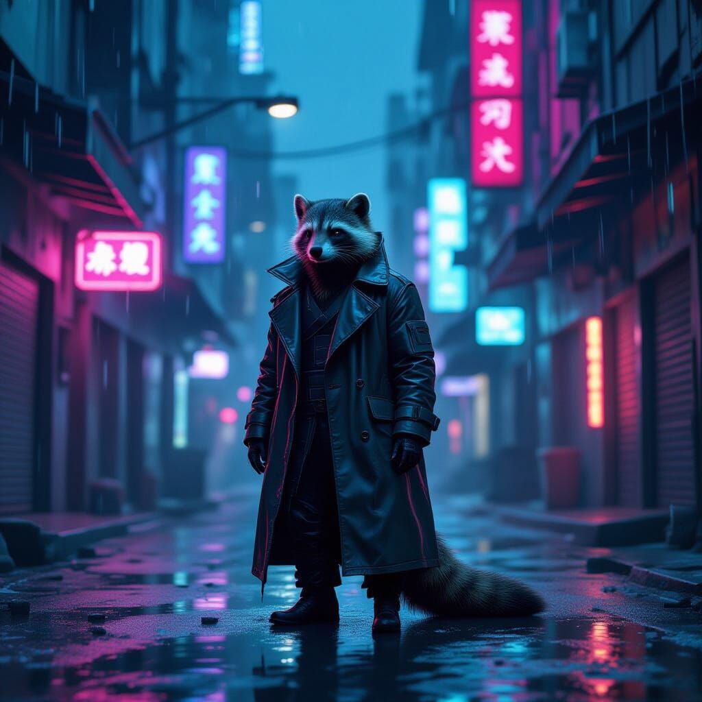 Mongoose in Cyberpunk Alleyway with Neon Lights