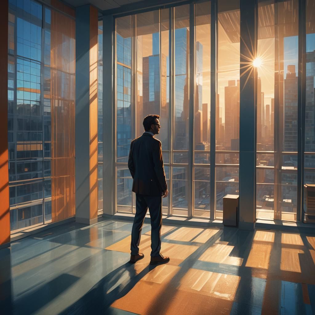 Sunlit Man in Minimalist Office: Cinematic Concept Art