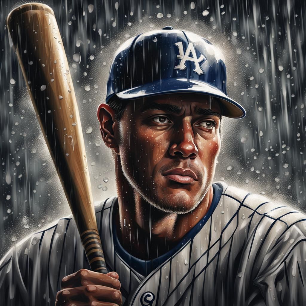 Realistic Baseball Player in Rain Close-Up