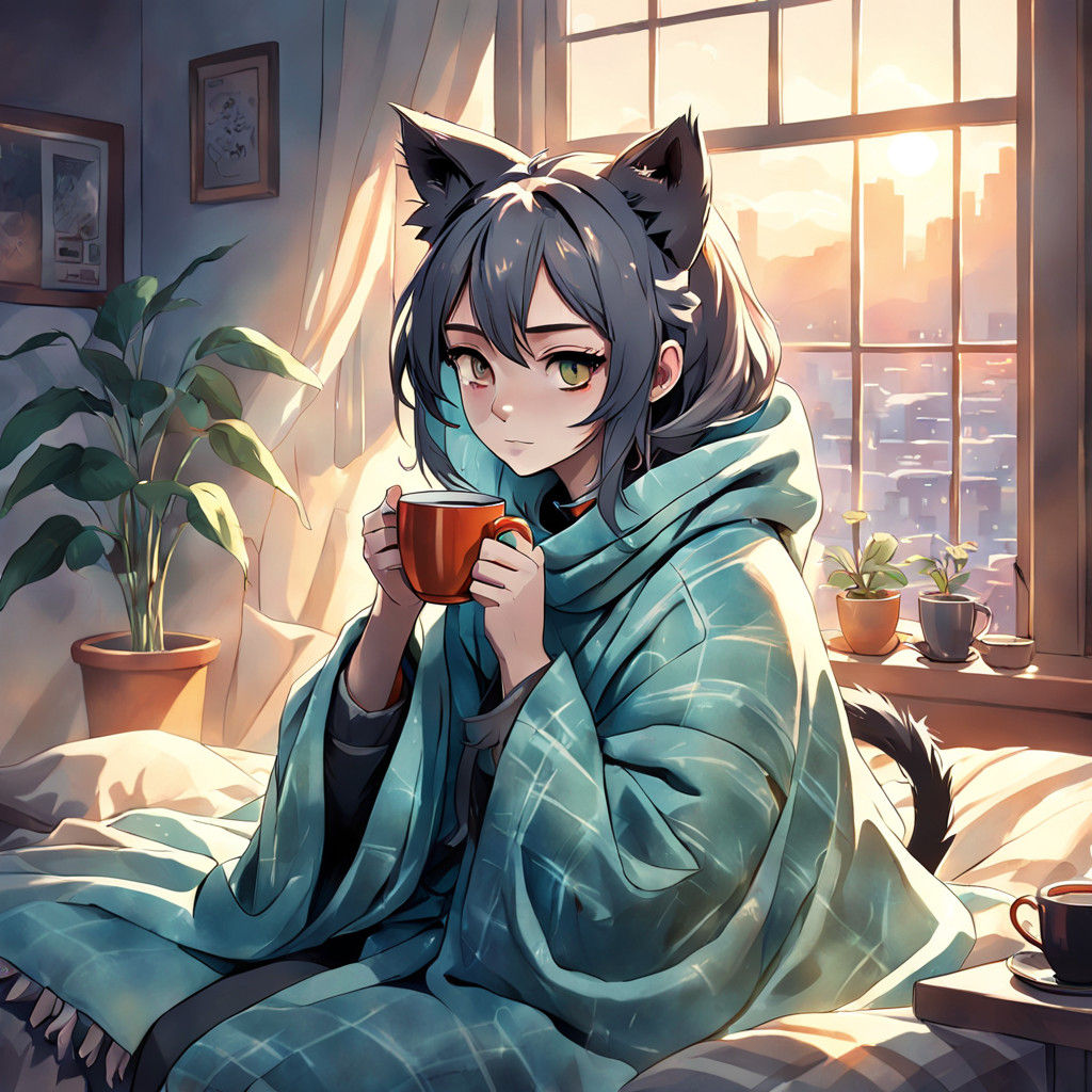 Serene Anime Woman Sits in Morning Light