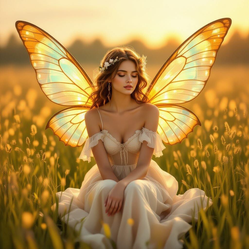 Woman With Golden Honey Wings in Sunlit Meadow