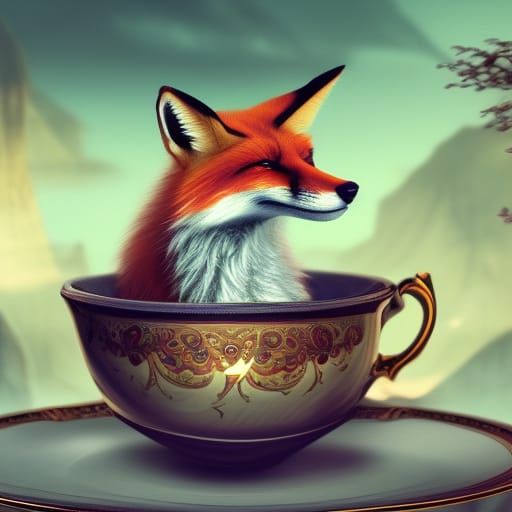 Fox in Teacup: Detailed Matte Painting