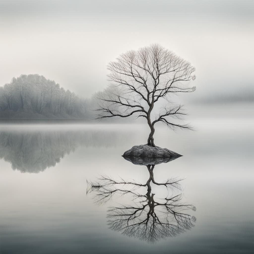 Minimalist Serene Landscape with Bare Tree Reflection