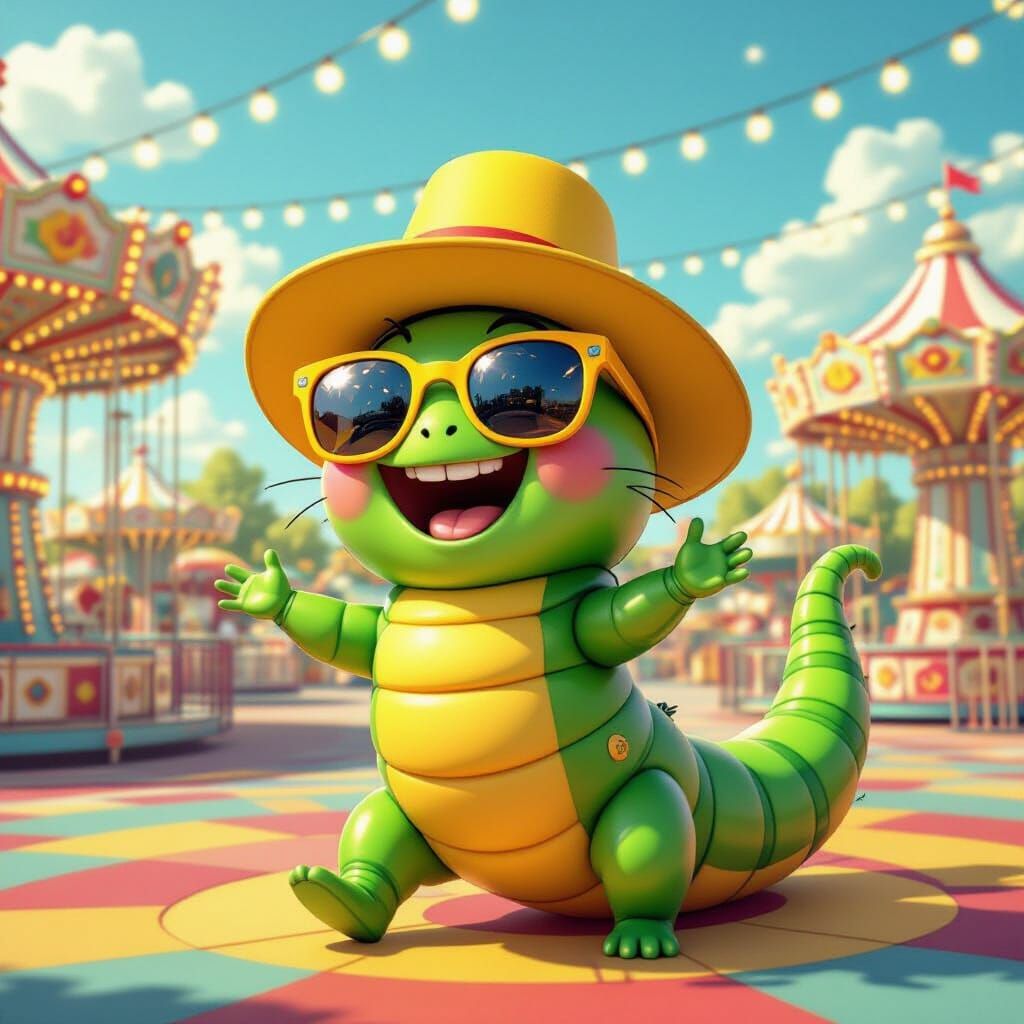 Joyful Caterpillar Spins in Amusement Park, Pop Surrealism