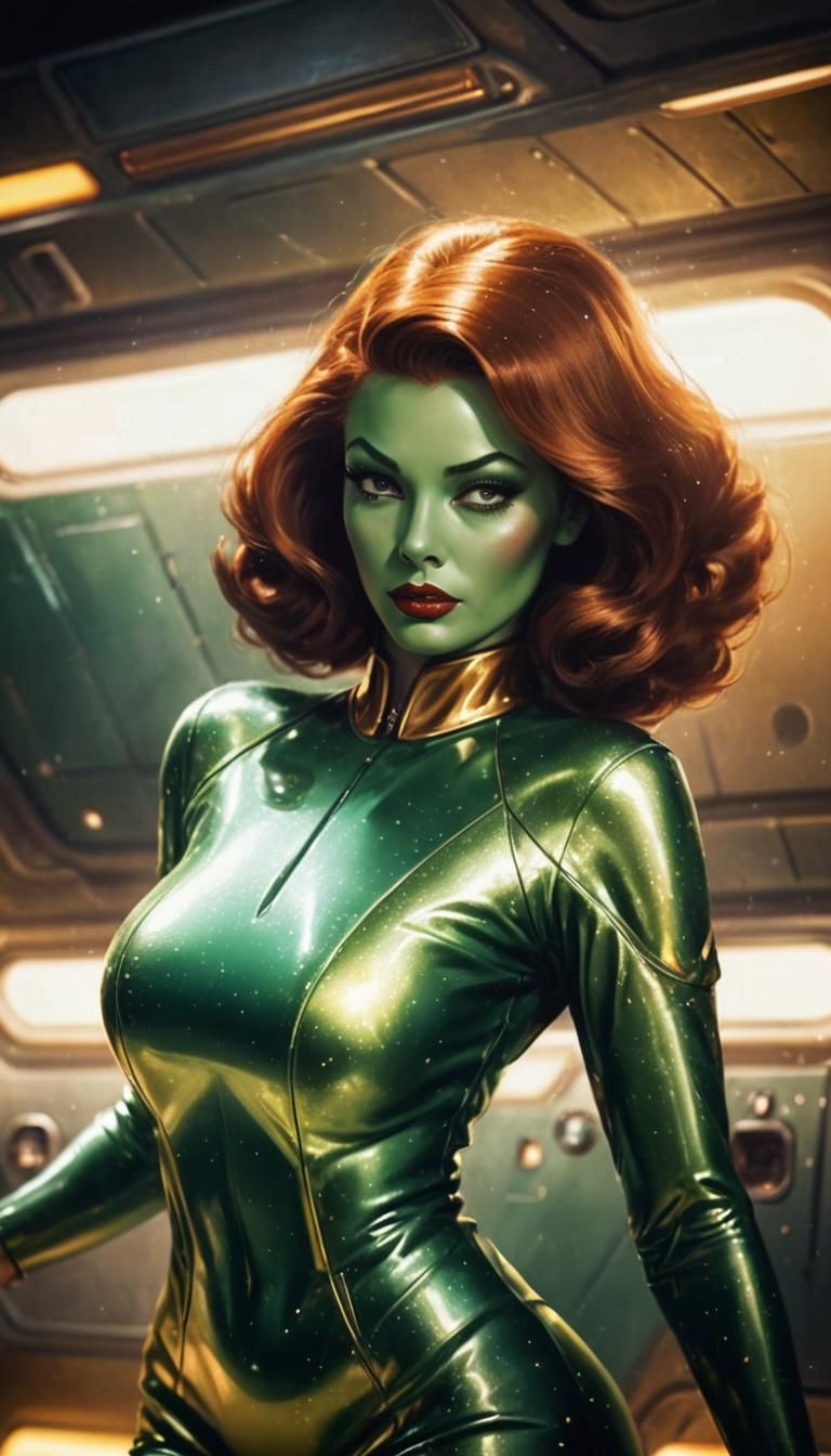 Green Alien Girl in 1950s Sci-Fi Illustration