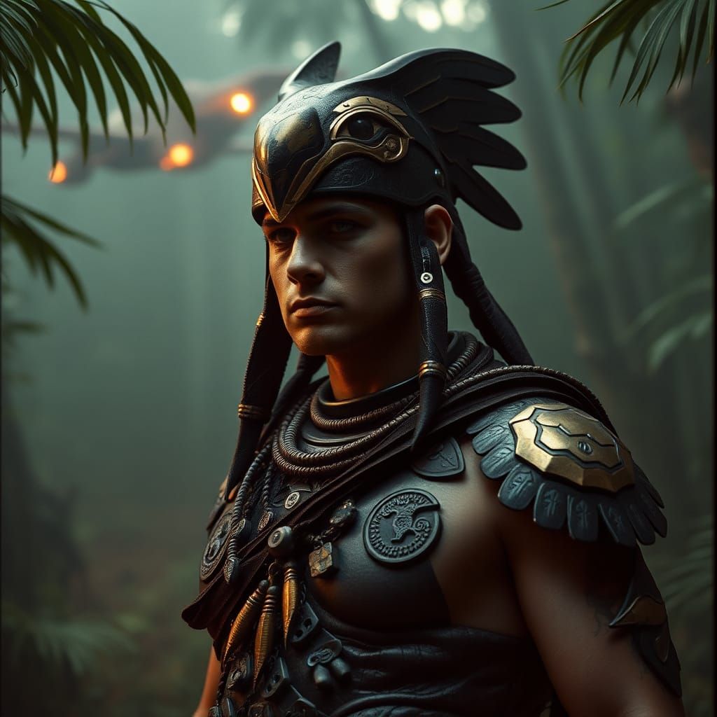 Aztec Warrior in Cyberpunk Jungle, Cinematic Film Still