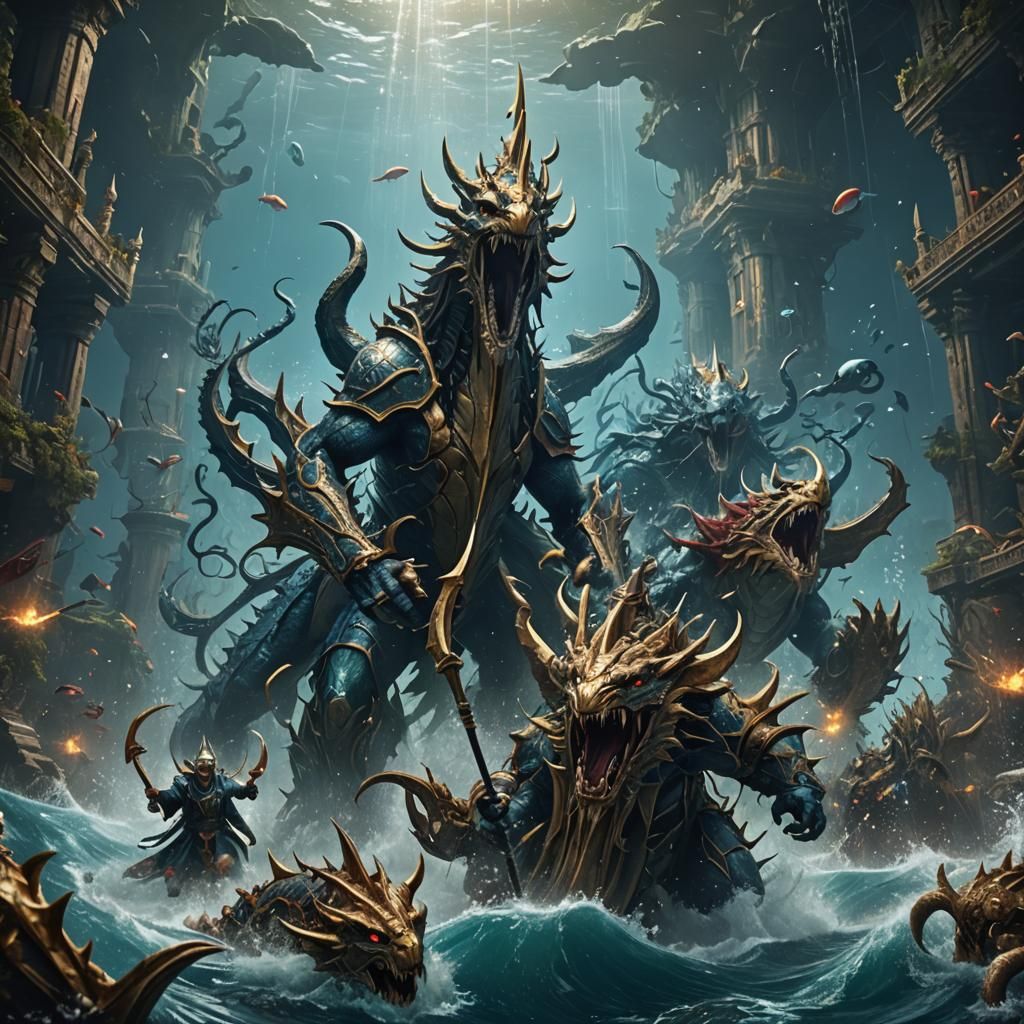 Underwater Sahuagin Attack: Detailed Fantasy Concept Art