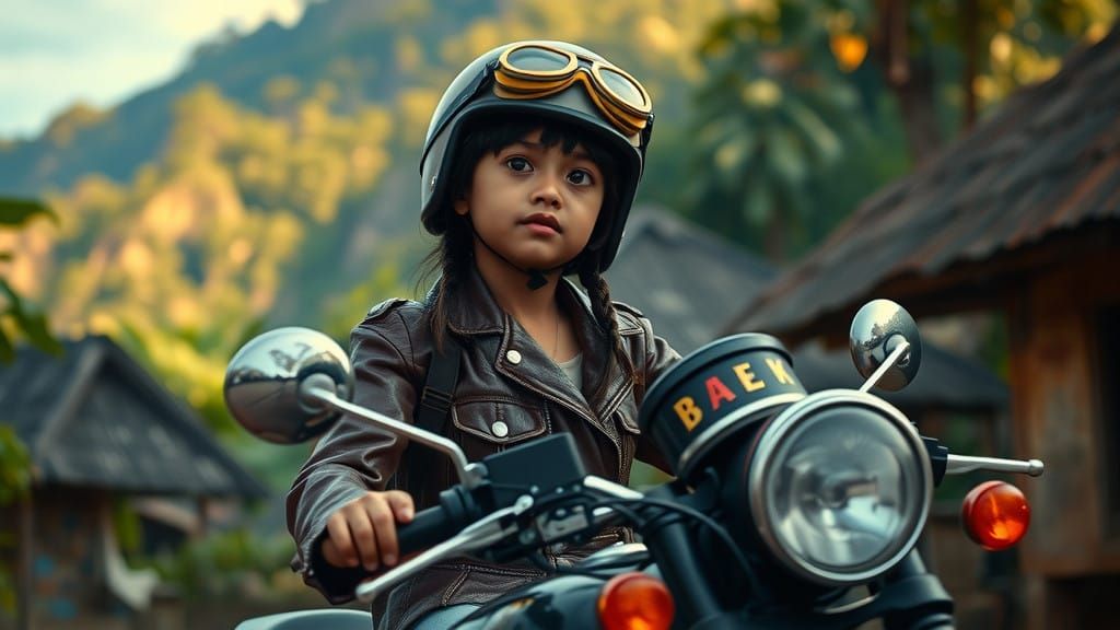Young Indonesian Biker Girl in Lush Village Landscape