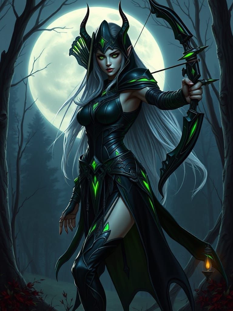 Dark Elf Huntress Under Moonlight in Elegant Armor
