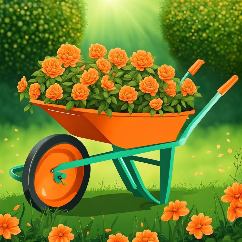 Orange Wheelbarrow with Flowers in Garden, Renaissance Style