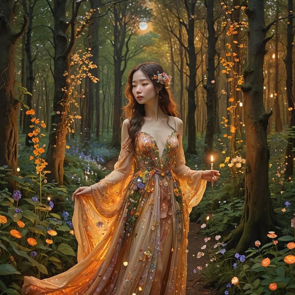 Sunset Woman in Enchanted Forest, Art Nouveau Style