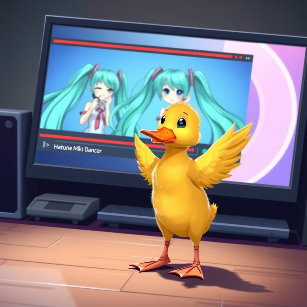 Dancing Duck Watches Hatsune Miku: Pixar-Style Digital Art