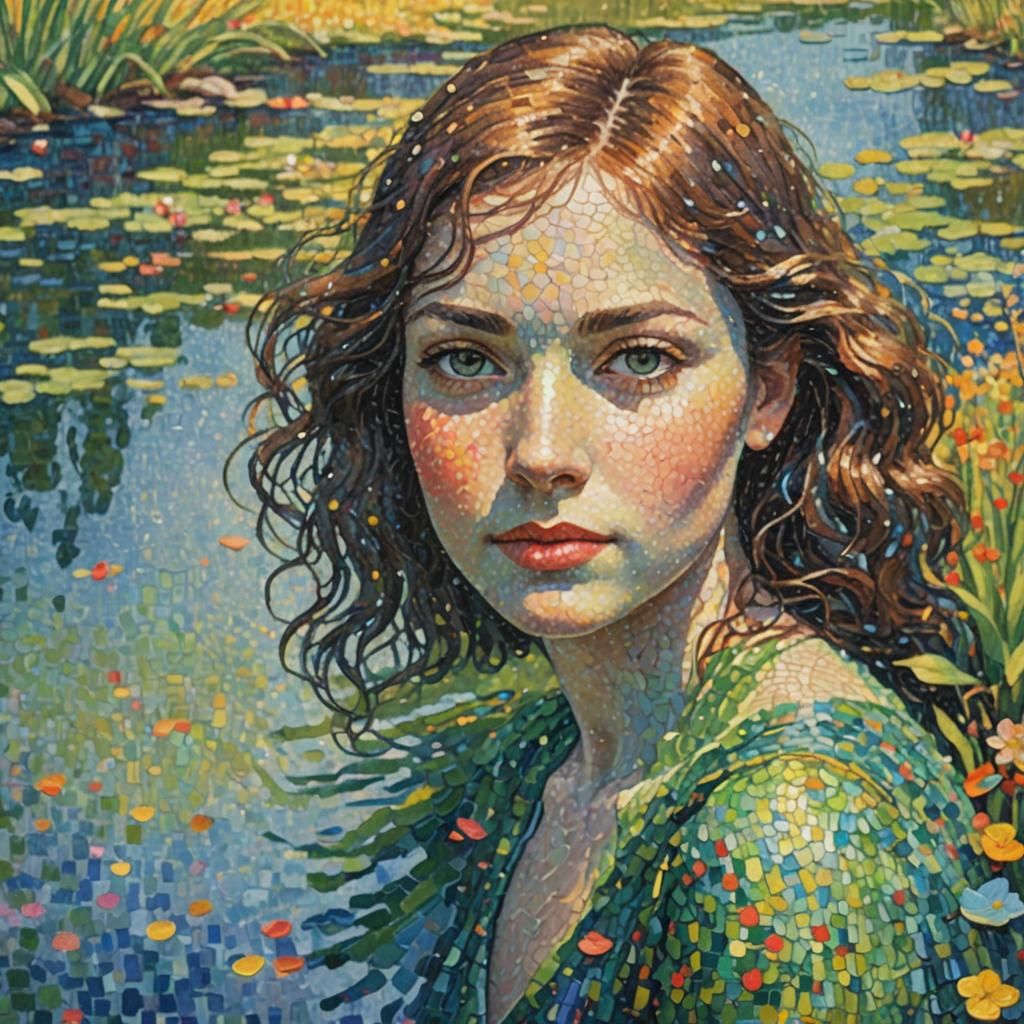 Pointillist Pond Portrait with Iridescent Sheen