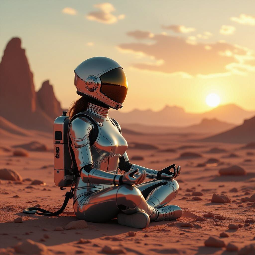 A lone woman in a sleek, metallic spacesuit meditating on a ...
