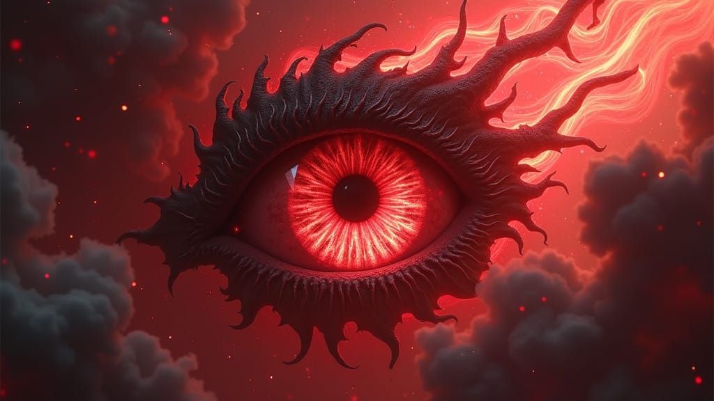 Glowing Red Eye of Chaos in Dark, Grimdark Cosmic Scene