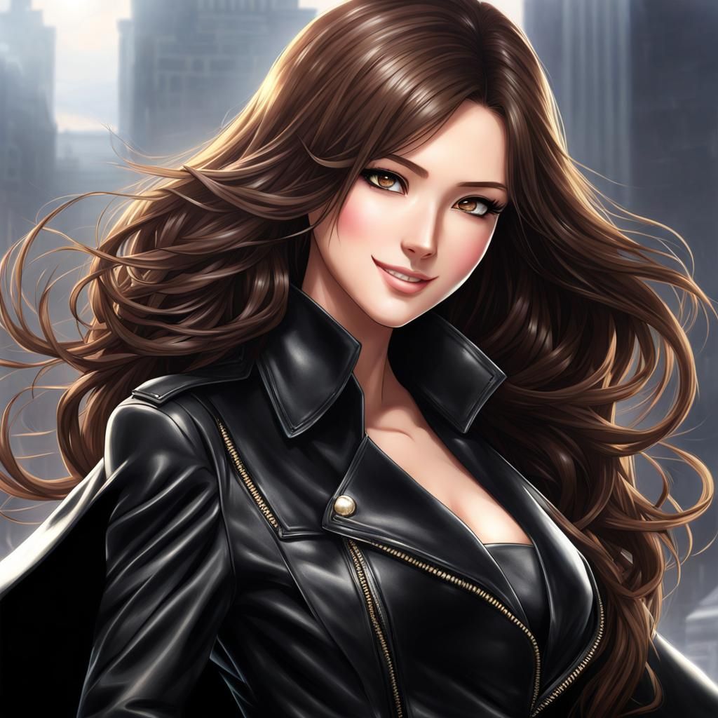Beautiful Woman in Black Leather, Anime Style