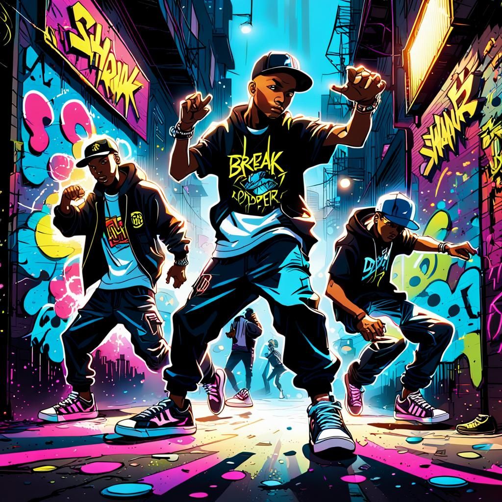 Neon Graffiti Breakdancers in Comic Book Style