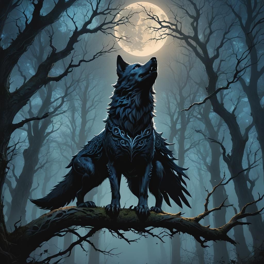 Wolf-Bat Creature in Misty Forest, Gothic Fantasy Art
