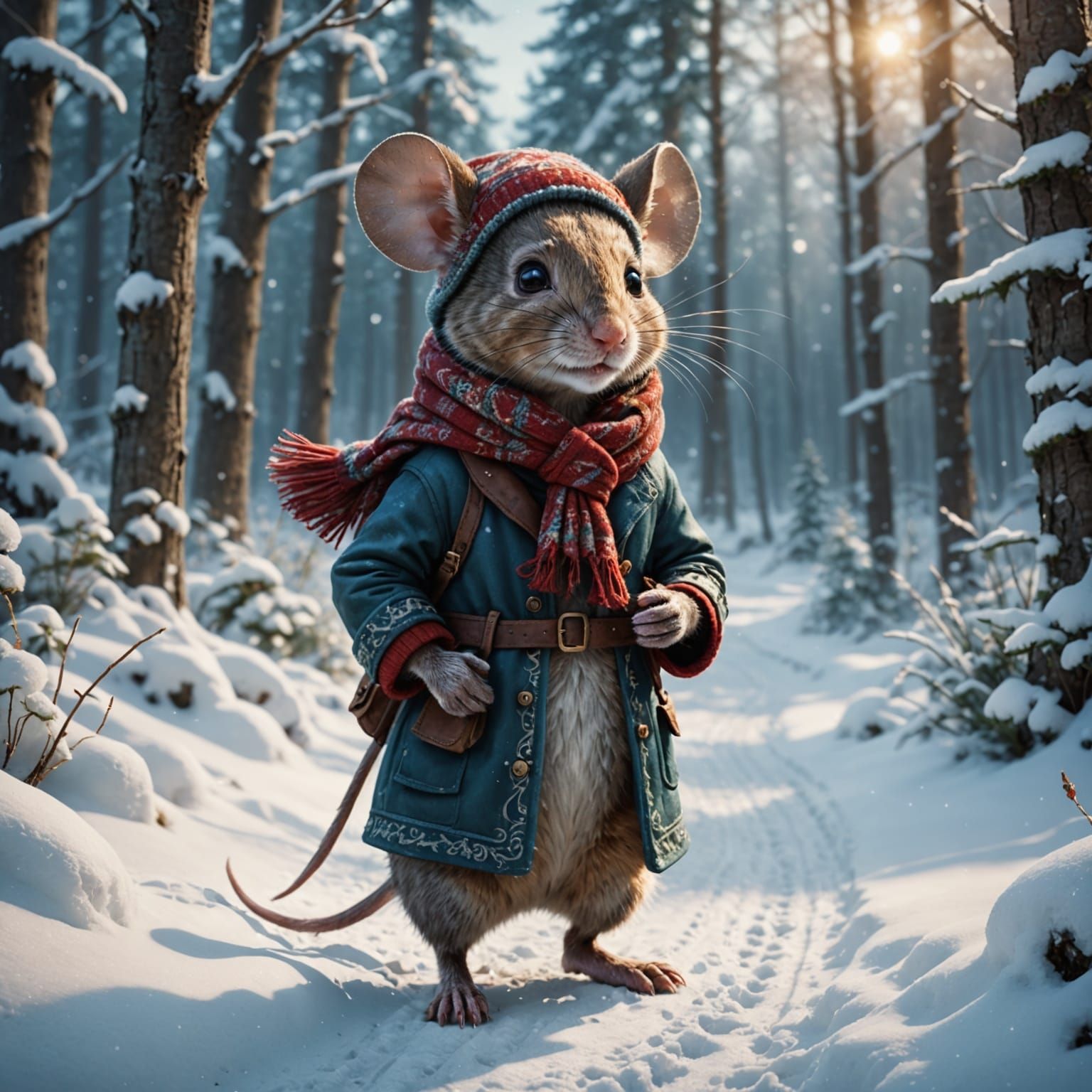 Cute Mouse Walks Snowy Path: Detailed Matte Painting