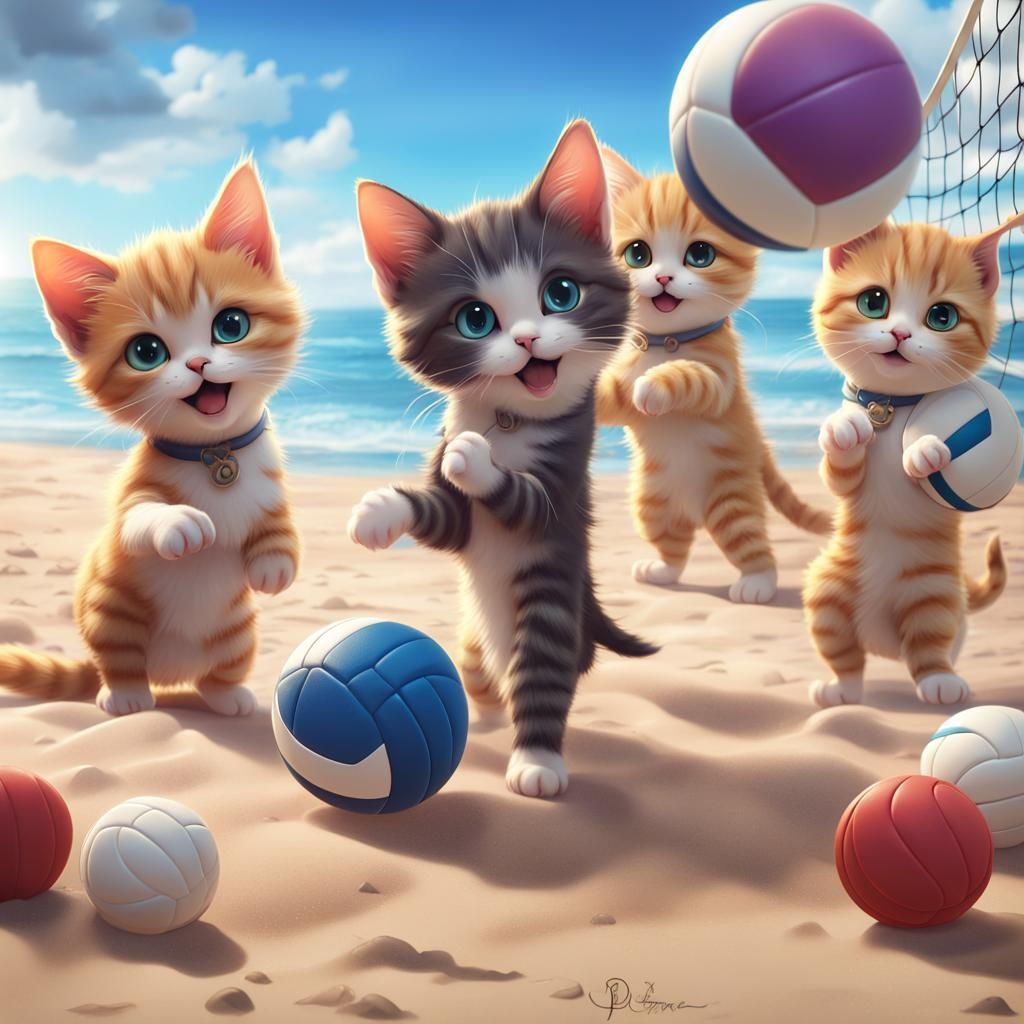 Kittens Playing Volleyball on Beach in Anime Style