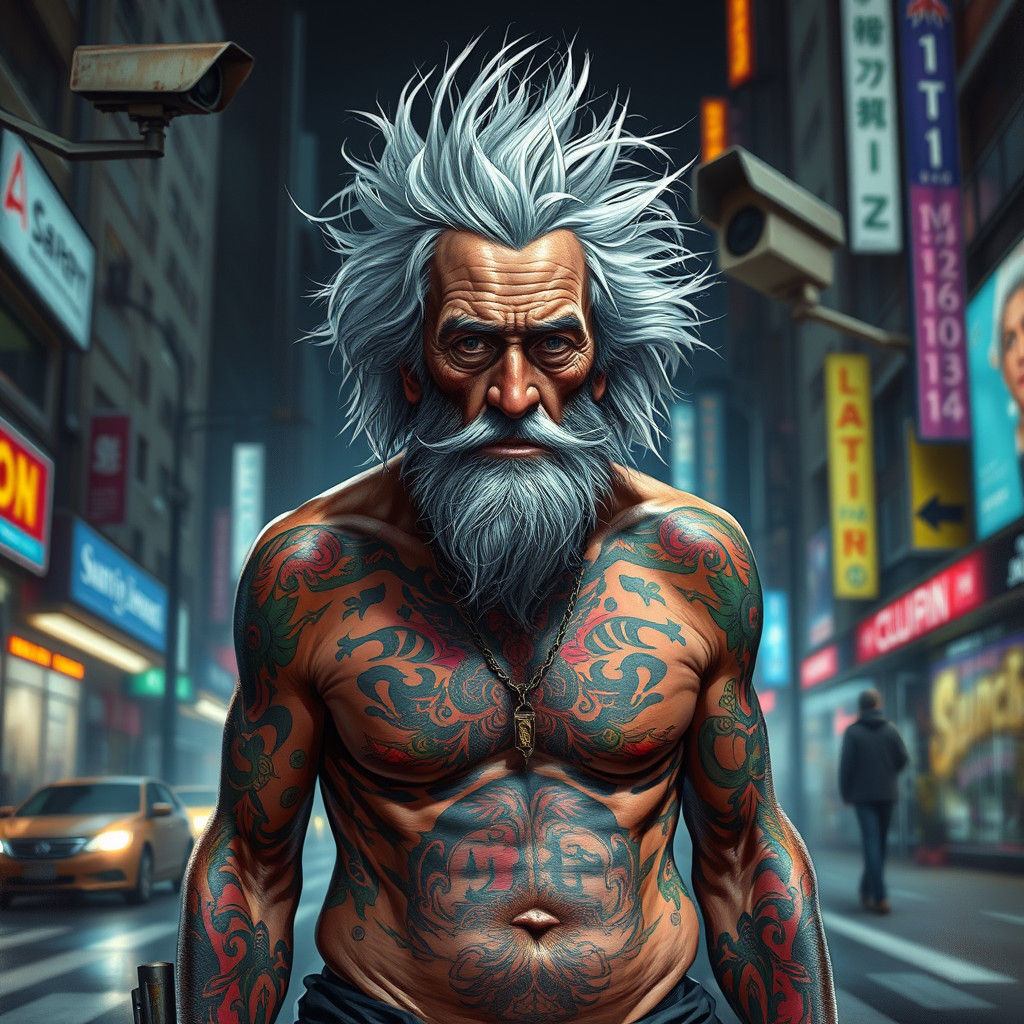 Grizzled Man in City Street, Hyper-Realistic Concept Art