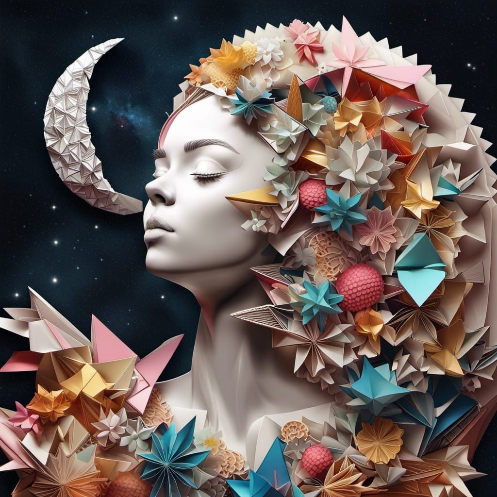 Origami Moon Girl: Elaborate 3D Collage Illustration