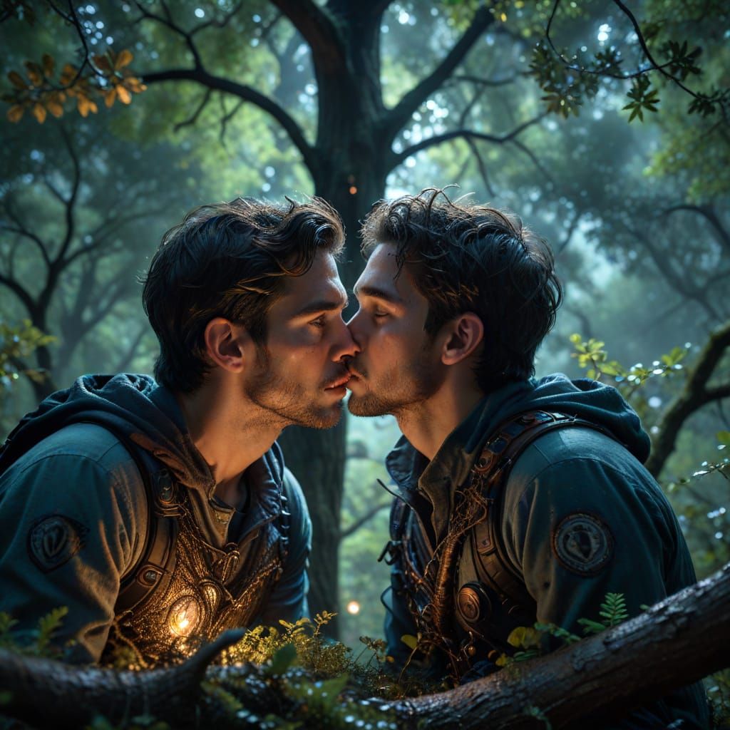 Men Kissing in Bioluminescent Moonlit Forest