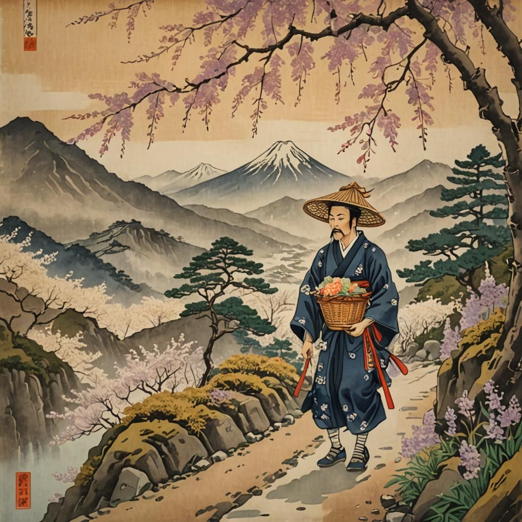 Daimyo on Mountain Path in Ukiyo-e Style