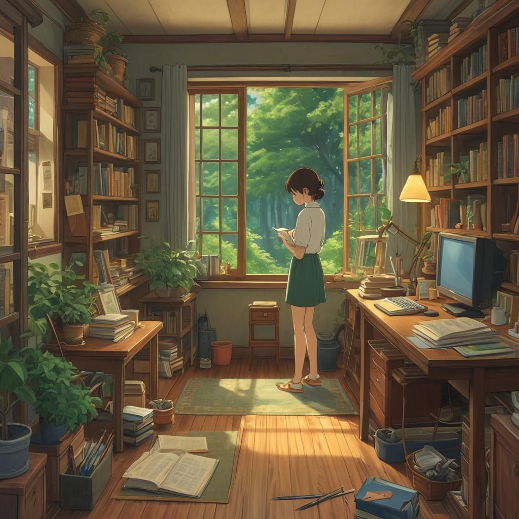 Woman in Colorful Office, Studio Ghibli Style