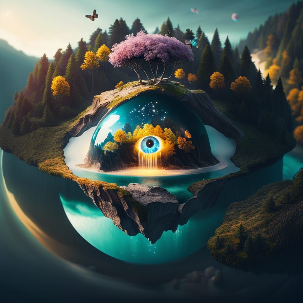 Surreal Eyeball Island Landscape with Floating Waterfall